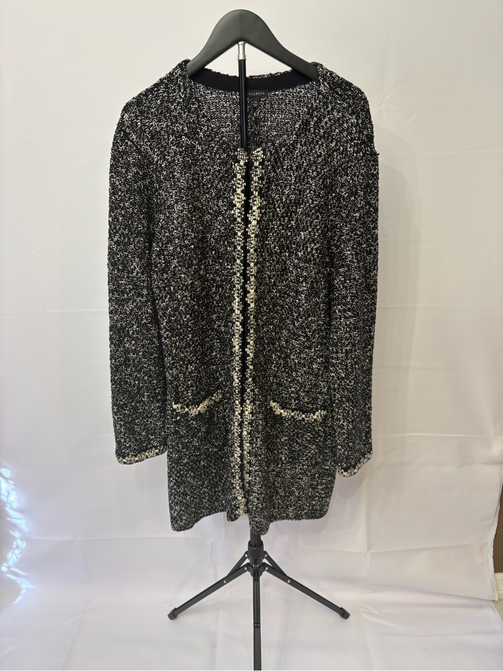 Talbots Black & White Knit Open-Front Cardigan
